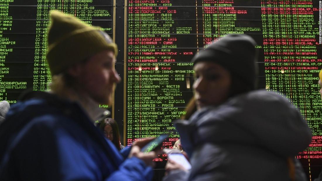 People wait at a train station in Kyiv on March 2.