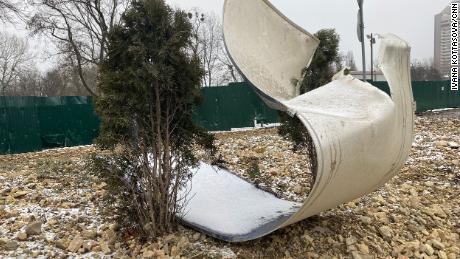 Debris is shown around the Kiev TV tower which was hit by Russian strikes on March 2, the day after the strike.