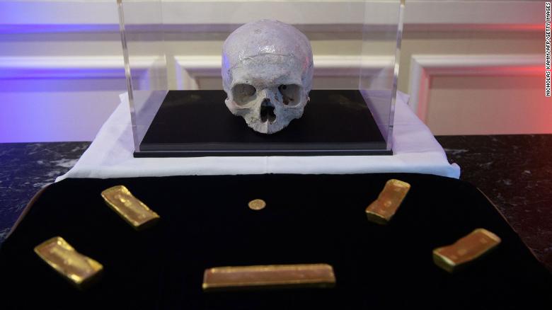 Artifacts are displayed during a ceremony marking the restitution of cultural property from the US to France at the ambassador's residence in Washington, DC, on March 2, 2022