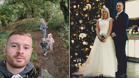 British citizen Jake Dale (left) is pictured with his family. Peter Hurst (right) is pictured with his wife on their wedding day. Both men plan to be in Ukraine by Saturday. 