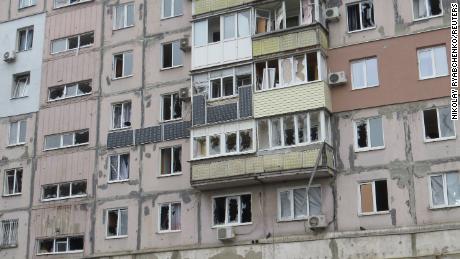 A residential building that locals say has been damaged by recent shelling is seen in Mariupol on February 26, 2022.
