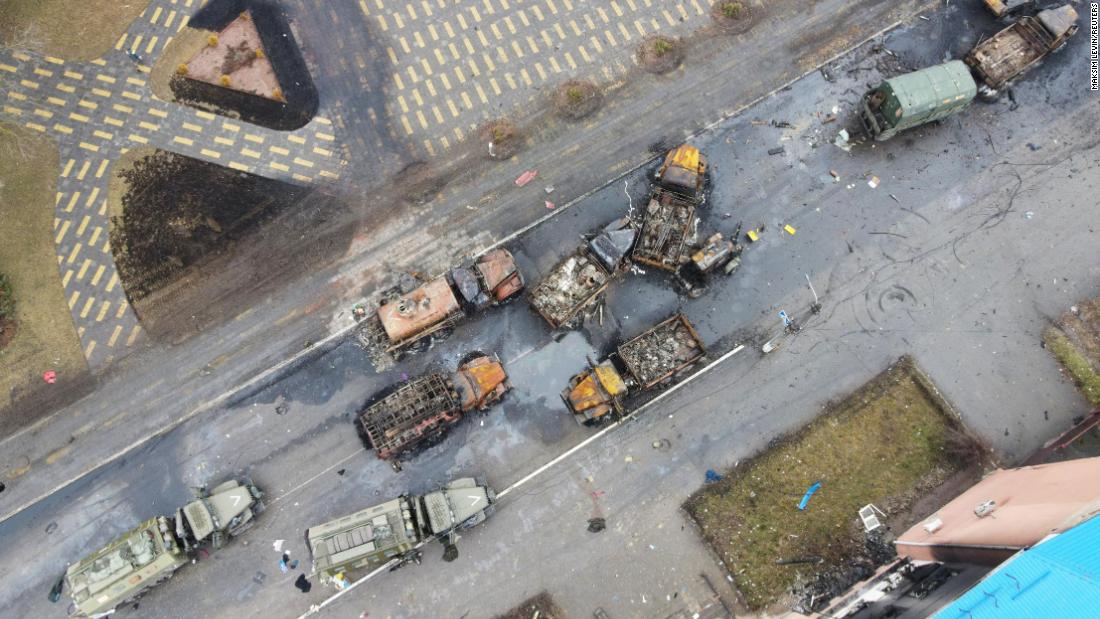 Destroyed Russian military vehicles are seen on a street in Borodyanka on March 3.