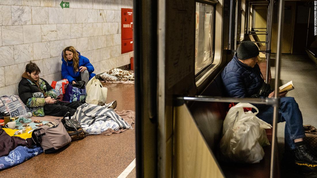 People shelter in a subway station in Kyiv on March 2.
