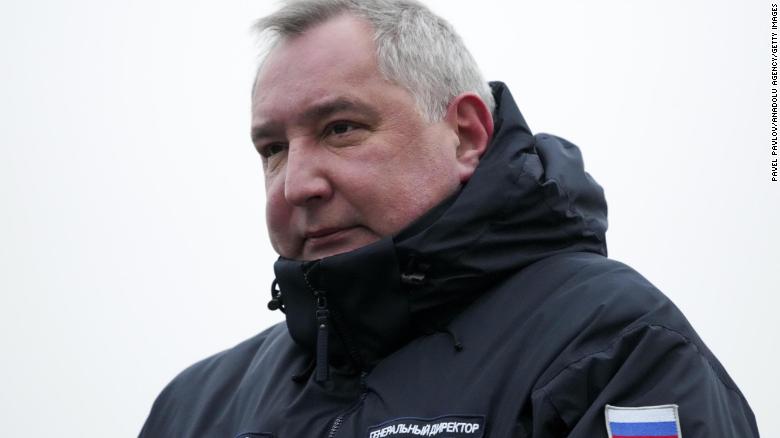 The head of Russia&#39;s Roscosmos space agency, Dmitry Rogozin, attends a report ceremony ahead of the launch at the Baikonur cosmodrome on December 8, 2021.