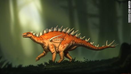 This illustration shows Bashanosaurus primitivus, a previously unknown species of stegosaur and among the oldest ever found.