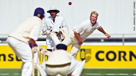 Warne bowling during the Third Ashes test match against England at Old Trafford cricket ground on 4th July 1997.