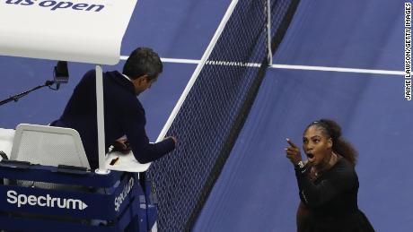Williams argues with umpire Carlos Ramos during her US Open final match against Osaka in 2018.