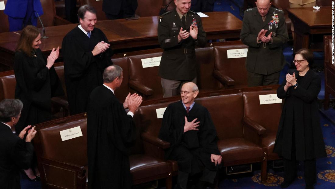 Breyer reacts while being applauded during the State of the Union address in March 2022.