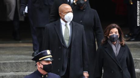 New York City Mayor Eric Adams and New York Governor Kathy Hochul leave the funeral for fallen NYPD officer Wilbert Mora at St. Patrick&#39;s Cathedral on February 02, 2022 in New York City. 