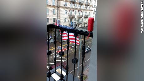 An American flag draped on the balcony of American businessman Brent Reynolds&#39; apartment in central Kyiv.