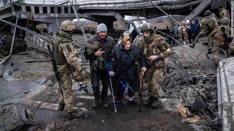 Residents are evacuated from Irpin, on the outskirts of Kyiv, Ukraine, Saturday, March 5, 2022. 