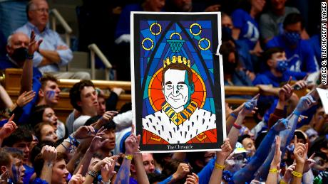 Duke Blue Devils fans hold up a sign of head coach Mike Krzyzewski of the Duke Blue Devils during the first half against the North Carolina Tar Heels at Cameron Indoor Stadium.