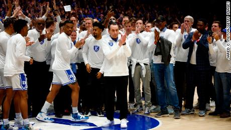 Head coach Mike Krzyzewski of the Duke Blue Devils looks on as he is recognized prior to a game against the North Carolina Tar Heels at Cameron Indoor Stadium.