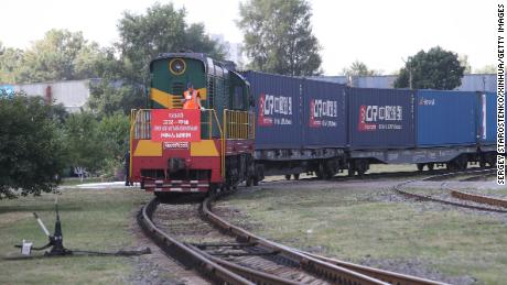 A container train from Wuhan, China enters a railway station in Kiev, Ukraine in July, 2020.