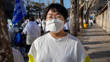 Kim Ju-hee, a nurse, at a protest in central Seoul on February 27.