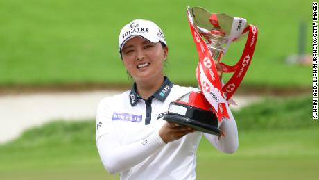 Ko Jin-young celebrates winning the HSBC Women&#39;s World Championship at Sentosa Golf Club on March 6, 2022 in Singapore.