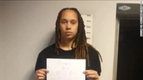 Russia's main state-owned news channel, Russia 24, reported this photo was taken of Brittney Griner at a Russian police station holding a sign with her name on it.