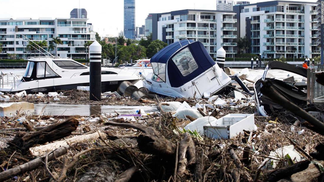 Wreckage is seen at a ferry terminal on Brisbane River in Hawthorne, Australia, on March 1.