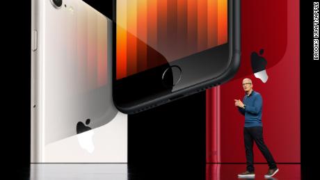 Apple CEO Tim Cook showcases the new iPhone SE featuring 5G and the A15 Bionic chip during a virtual product event