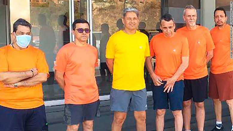 This undated file photo posted on Twitter on June 18, 2020, by Venezuela&#39;s Foreign Minister Jorge Arreaza, shows former CITGO oil executives Jose Angel Pereira, from left to right, Gustavo Cardenas, Jorge Toledo, Jose Luis Zambrano, Tomeu Vadell and Alirio Jose Zambrano, standing outside the Bolivarian National Intelligence Service, in Caracas, Venezuela. 