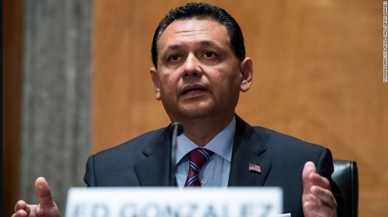 Ed Gonzalez, nominee to be director of Immigration and Customs Enforcement, testifies during a Senate Homeland Security and Governmental Affairs Committee confirmation hearing on July 15, 2021. 
