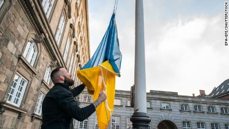 The Ukrainian flag is raised in front of Danish Parliament in Copenhagen, Denmark, on March 3.