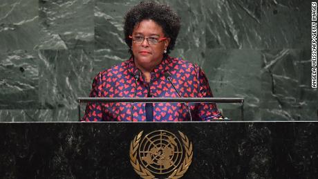 Barbados Prime Minister, Mia Amor Mottley addresses the 73rd session of the General Assembly at the United Nations in New York on September 28, 2018. (Photo by Angela Weiss / AFP) 