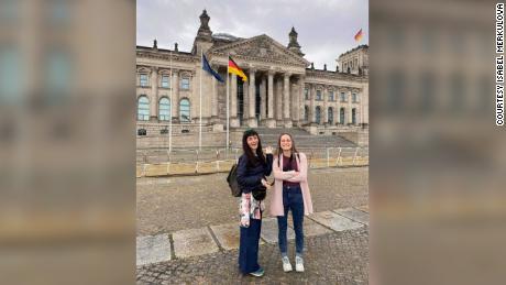 Isabel, left, and Anastasia pose in front of the German Bundestag in Berlin.