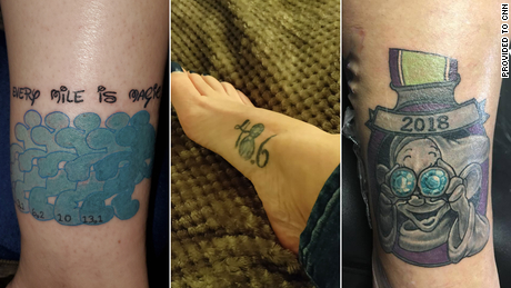 Disney running tattoos mean something different to every runner. From left to right: Tattoos belong to Cyndi Borelli, Ruth Kohl and Michele Silverman. 