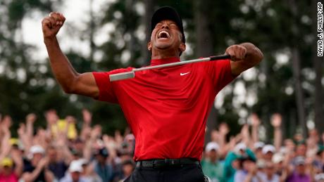 Tiger Woods reacts as he wins the Masters on April 14, 2019, in Augusta.