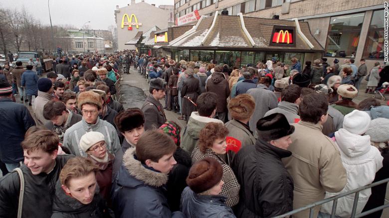 A long line of people outside the first McDonald&#39;s to open in Moscow in January, 1990.  