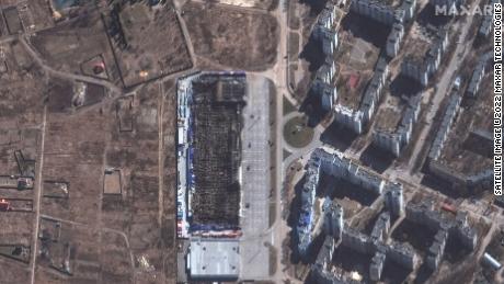 Satellite images show the charred remains of the Epicenter K supermarket in the city of Chernihiv. 