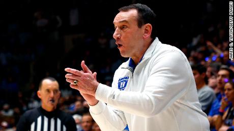 Head coach Mike Krzyzewski of the Duke Blue Devils reacts during the first half against the North Carolina Tar Heels at Cameron Indoor Stadium on March 5, 2022, in Durham, North Carolina.