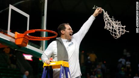 Head coach Scott Drew of the Baylor Bears celebrates the team 75-68 win over the Iowa State Cyclones at the Ferrell Center on March 5, 2022, in Waco, Texas. Baylor won a share of the Big 12 Championship with the win. 
