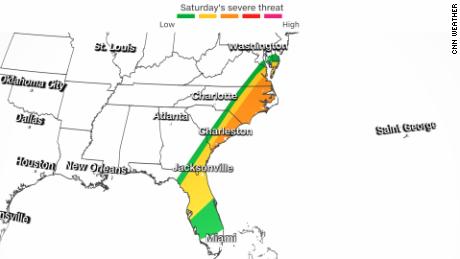 The Southeast coast faces a threat of severe weather Saturday.