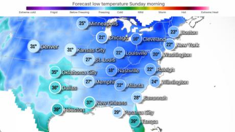 Expected low temperatures for Sunday
