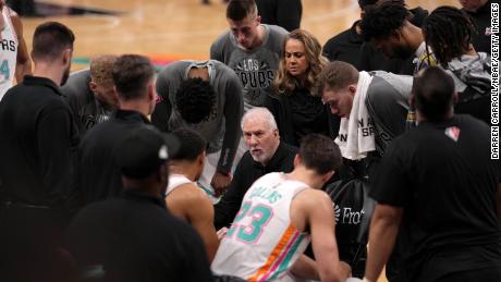 Popovich dishes out instructions during the game.