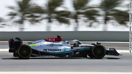 Lewis Hamilton drives during day three of F1 testing at the Bahrain International Circuit on March 12, 2022 in Bahrain.