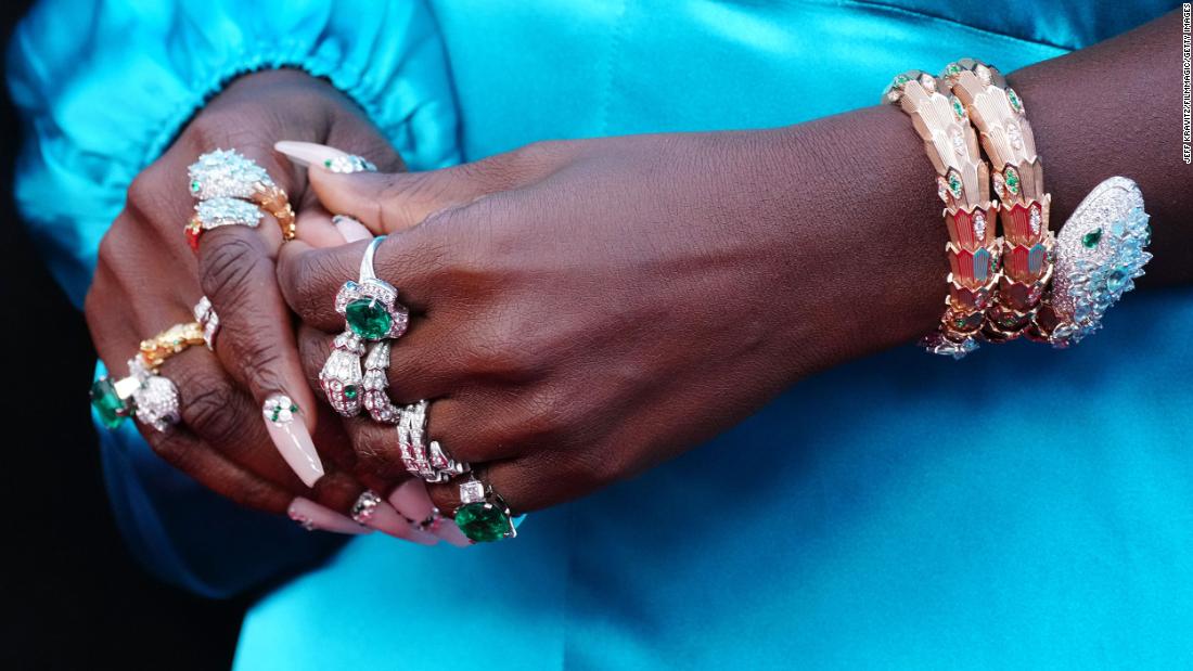 A close-up view of Jodie Turner-Smith&#39;s jewelry on the red carpet.