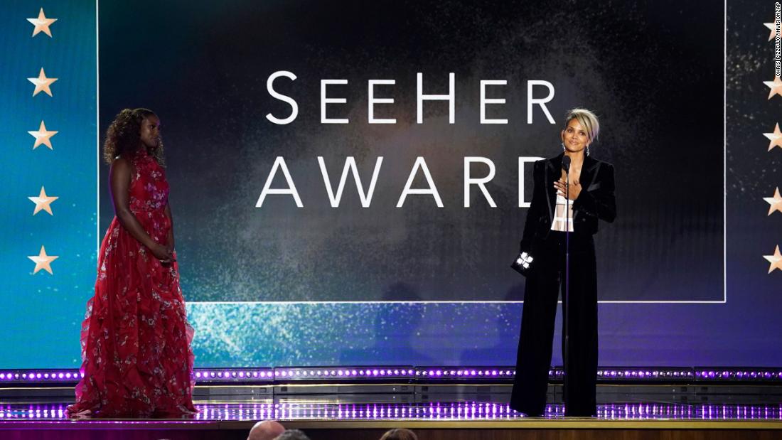 Actress Halle Berry accepts the SeeHer Award, which honors a woman who advocates for gender equality, portrays characters with authenticity, defies stereotypes and pushes boundaries.