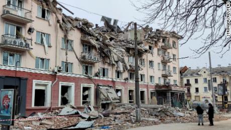 An external view shows hotel Ukraine destroyed during an air strike, March 12.