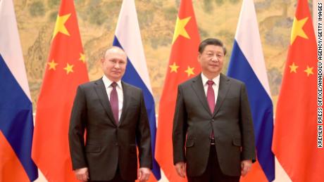 BEIJING, CHINA â FEBRUARY 4: (---EDITORIAL USE ONLY - MANDATORY CREDIT - &quot;KREMLIN PRESS OFFICE / HANDOUT&quot; - NO MARKETING NO ADVERTISING CAMPAIGNS - DISTRIBUTED AS A SERVICE TO CLIENTS----) Russian President Vladimir Putin (L) and Chinese President Xi Jinping (R) meet in Beijing, China on February 4, 2022. (Photo by Kremlin Press Office/Handout/Anadolu Agency via Getty Images)