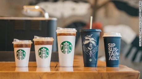 Examples of Starbucks&#39; reusable cups. 