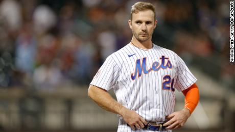 New York Mets first baseman Pete Alonso looks on during a game against the Philadelphia Phillies on September 19, 2021.