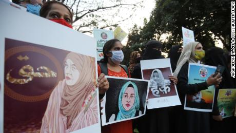 Protests gather in solidarity with Muslim women who were denied entry into school for wearing hijabs, in Bangalore, India 19 February 2022. 