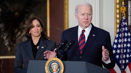 President Joe Biden speaks before signing the Consolidated Appropriations Act for fiscal year 2022 in the White House on March 15, 2022 as Vice President Kamala Harris looks on. 