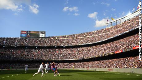 A general view inside the Camp Nou, which is now set to be renamed, as fans watch on during a La Liga El Clásico between Barcelona and Real Madrid on October 24, 2021.