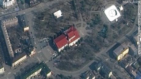 The Russian word ДЕТИ, or &quot;Children,&quot; is seen on the grounds of  Mariupol&#39;s Drama Theater prior to being bombed. 