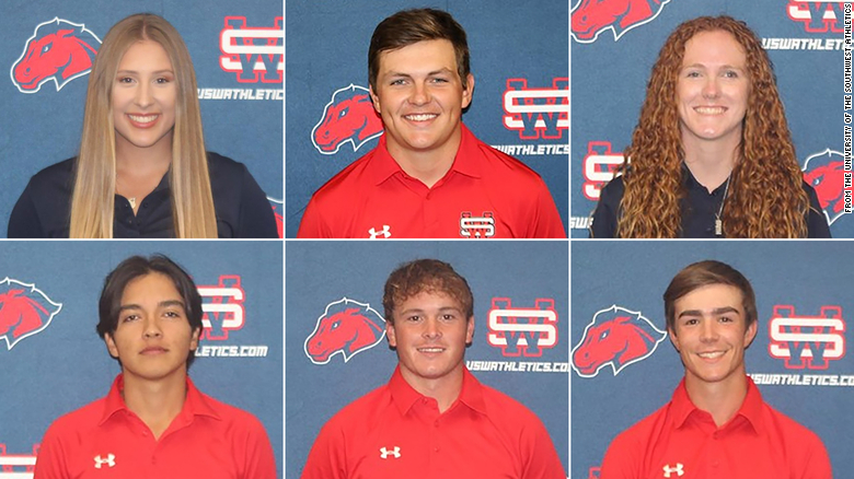 The six USW student athletes killed in a crash Tuesday were identified as (top row, left to right) Laci Stone, Jackson Zinn, Karisa Raines, (bottom row, left to right) Mauricio Sanchez, Travis Garcia and Tiago Sousa. 