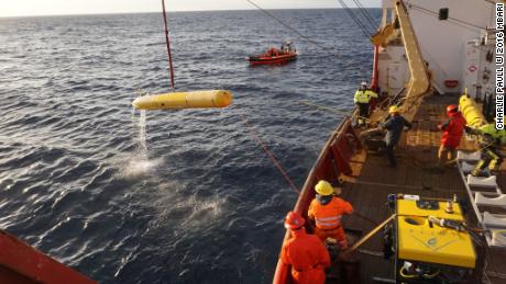 The autonomous underwater vehicle (AUV) used to record the seafloor is recovered after completing a successful seafloor mapping mission in the Arctic Ocean.                               